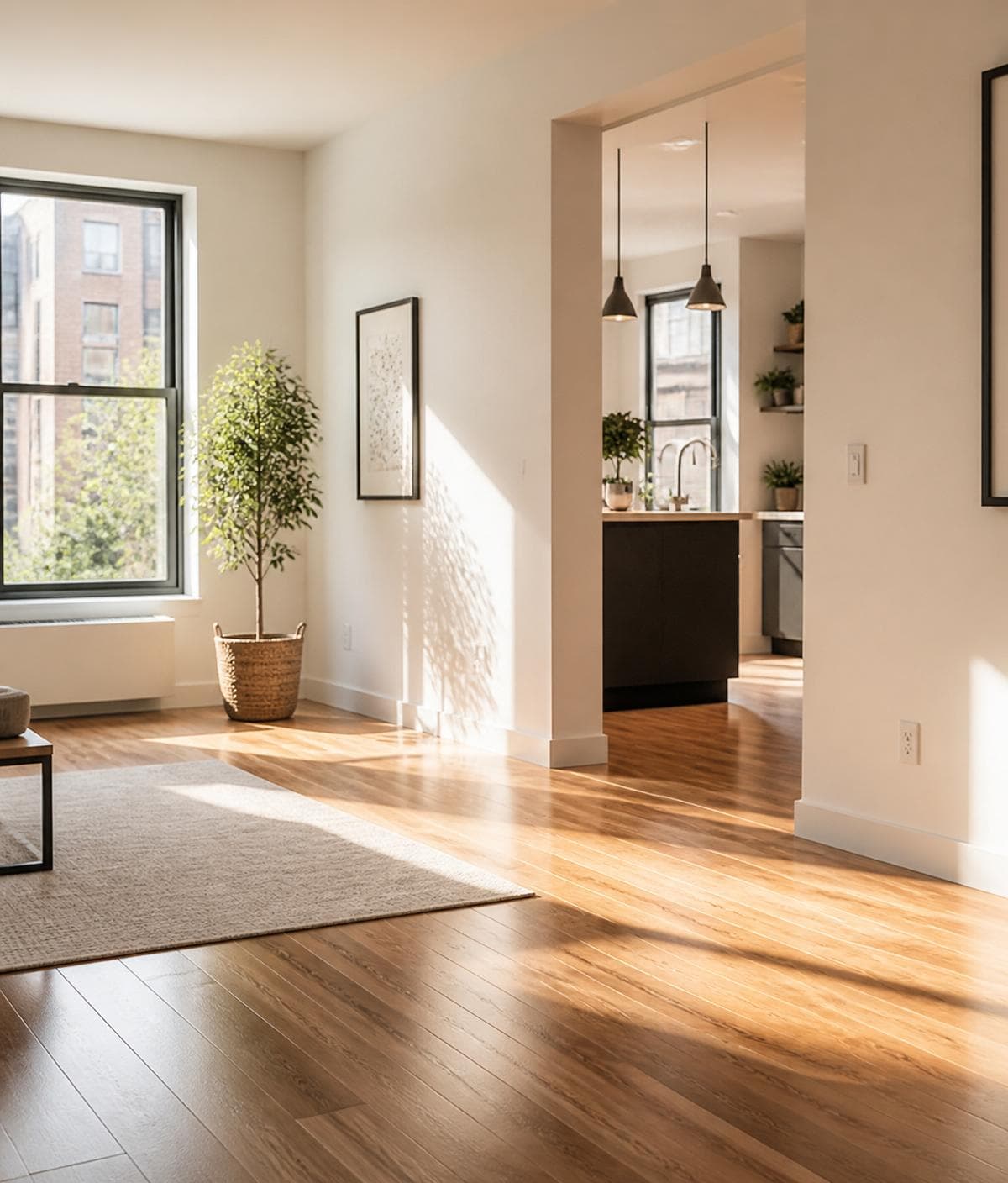 Ljust, solfyllt och nystädat vardagsrum efter flyttstädning